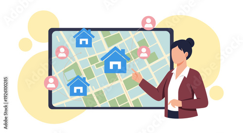 Businesswoman presenting property locations on interactive map display