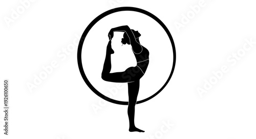 Silhouette of a flexible woman performing a graceful yoga pose balancing in a stylized circle representing wellness