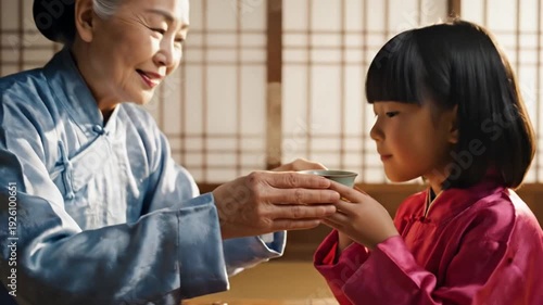 Grandmother pours tea for granddaughter in traditional setting