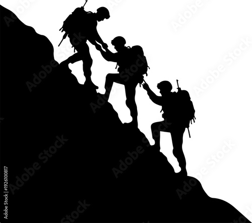 Mountain Climbers Helping Each Other Silhouette Vector
