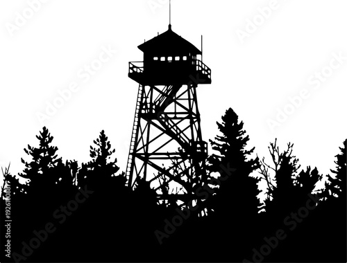 Fire Lookout Tower Silhouette in Forest Scenery Illustration