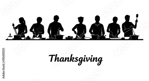 Diverse group of people silhouetted in black busy preparing food together at a long table celebrating thanksgiving