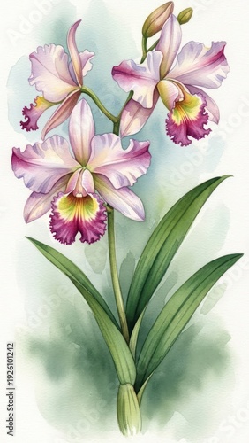 Beautiful Watercolor Painting of a Cattleya Orchid with Pink and White Petals.