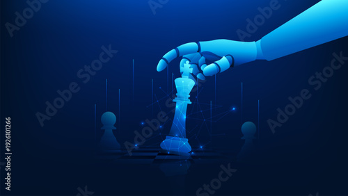 Artificial intelligence technology background featuring a robotic hand moving a chess king piece, symbolizing strategic thinking, AI decision-making, machine learning intelligence, business strategy