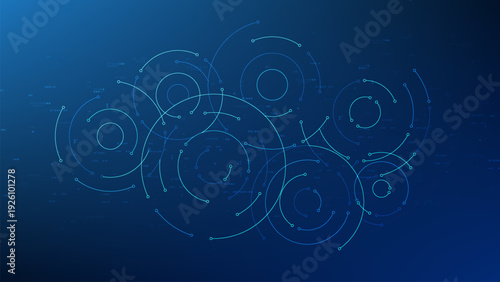 Abstract technology background with connected circular elements symbolizing data transmission, digital network systems, information exchange, cloud connectivity, and modern communication technology.