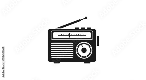Simple black and white illustration of a vintage radio with antenna.