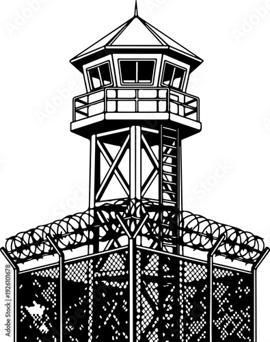 Black and White Guard Tower Vector Illustration silhouette