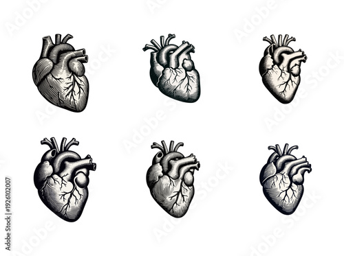 Anatomical Human Heart Engraving Set. Detailed vintage style illustrations of the human heart, depicted with intricate arteries and veins in a classic woodcut or etching artistic technique.