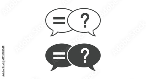 Vector illustration depicting two speech bubbles with an equals sign and a question mark symbol for comparison and problem-solving concepts.