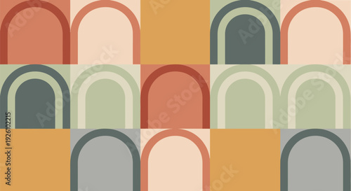 Colorful geometric arches create a repeating pattern on a neutral background