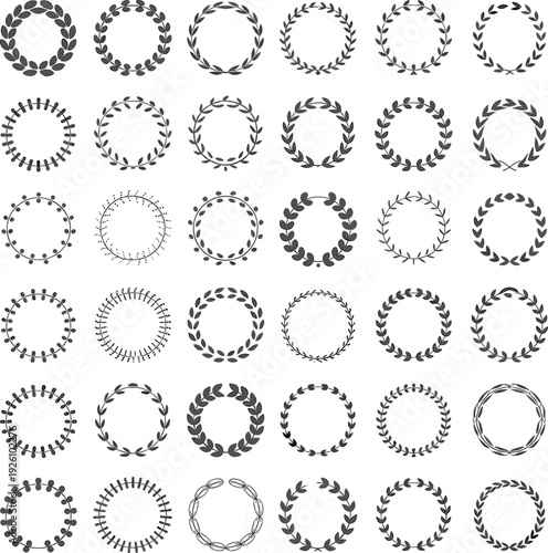 Laurel wreath vector illustration set with 36 circular designs—ideal for branding, certificates, logos, heraldic artwork, academic awards, and decorative design projects.