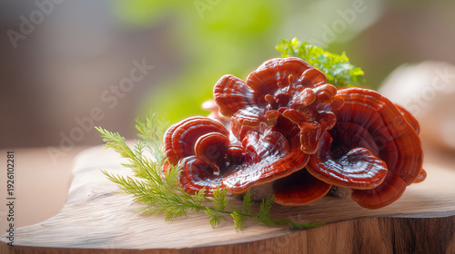 Red Reishi Mushrooms with Greenery on a Rustic Wooden Surface