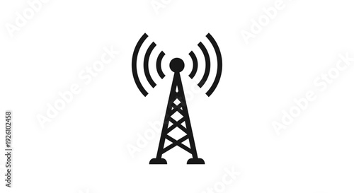 Simple black icon of a radio tower emitting signal waves.