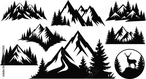 Mountain landscape silhouette vector illustration set with pine trees, deer, and scenic views—ideal for outdoor artwork, travel branding, camping logos, and nature design projects.
