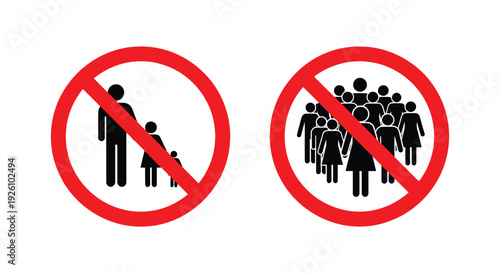 Vector graphic illustration symbolizing prohibition of family entry and large group gatherings with red circle signs