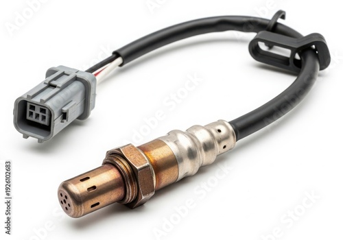 Close-up view of a car's oxygen sensor with a black cable attached to it. isolated on white background