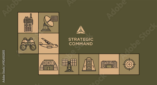 Strategic Command Icons. Military Operations. Technology. Planning. Strategy.