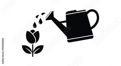 Simple black and white vector graphic illustration depicting a watering can nurturing a single blooming flower bud