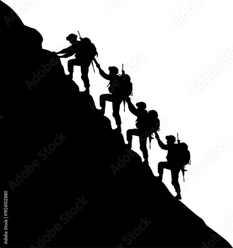Mountain Climbers Helping Each Other Silhouette Vector