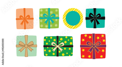 A vibrant collection of stylized vector gift boxes and a decorative label illustration, perfect for festive graphic design projects.