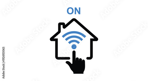 Smart home control vector illustration depicting a hand pressing a button to activate the wireless internet connection.