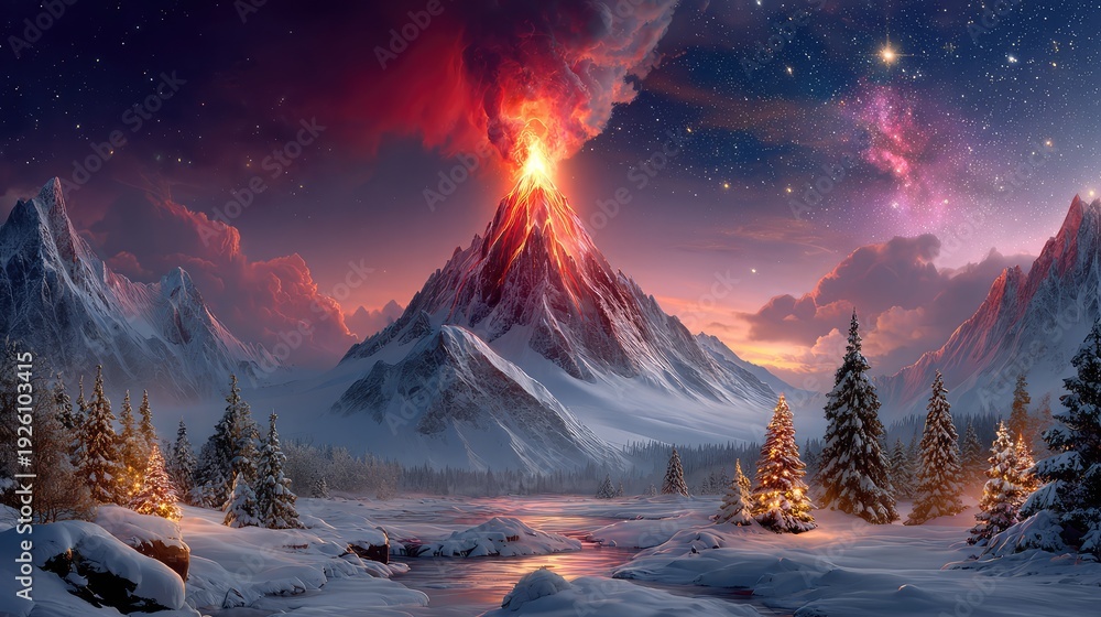 Fototapeta premium Majestic Volcano Erupting in a Snowy Landscape Beneath a Starry Sky with Colorful Nebula and Verdant Pines, Captivating Nature's Raw Power at Dusk