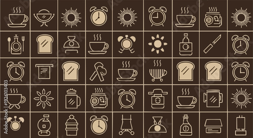 Morning Breakfast Icons. Coffee, Toast, Alarm Clock, Sun. Outline Style.