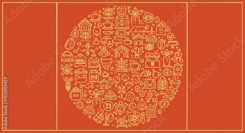 Cozy Home Icons Circle. House, Plants, Coffee, Food, Garden. Warmth, Comfort, Lifestyle.