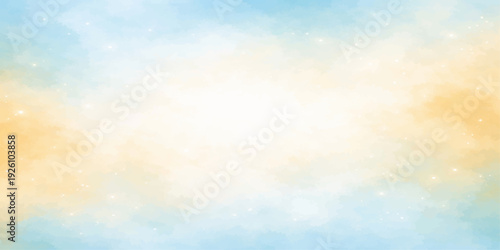 A beautiful abstract watercolor background of a bright blue sky and white clouds captures the sunny atmosphere of a clear summer day with colorful grunge textures
