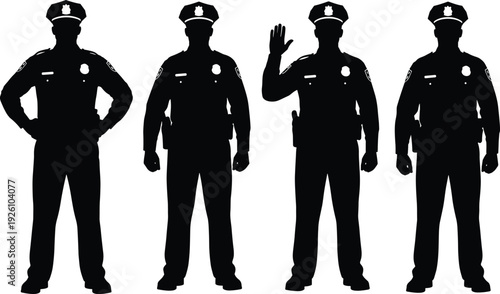 Silhouette illustration of four police officers in uniform with hats and badges, one raising hand in oath gesture, concept of law enforcement, authority, and public service