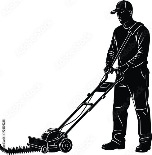 Silhouette illustration of person in cap pushing lawn mower, concept of outdoor activity, grass cutting, garden maintenance, landscaping work, and home yard care