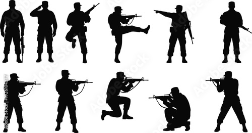 Silhouette illustration of eleven soldiers in military uniforms with rifles, showing saluting, aiming, walking, crouching, and tactical poses, concept of army training and discipline