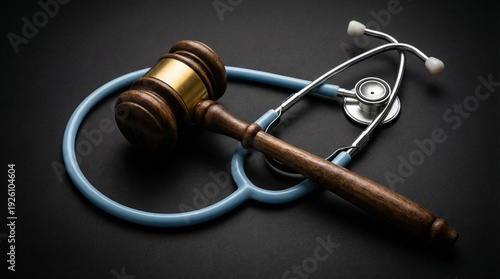 Close up gavel and stethoscope on black matte surface, legal responsibility for patient care and professional standards