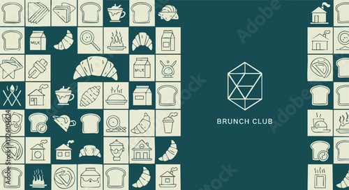 Brunch Club Logo. Breakfast Icons. Food Pattern Background.