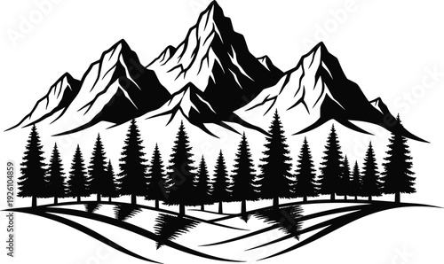 Black and white illustration of jagged snow‑capped mountains, evergreen pine forest, stylized hills, and water reflections, artistic wilderness landscape design for nature and outdoor themes