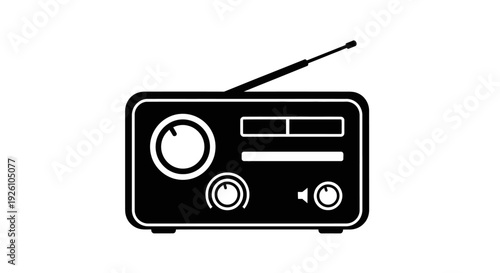 Simple black and white illustration of a vintage radio with antenna.