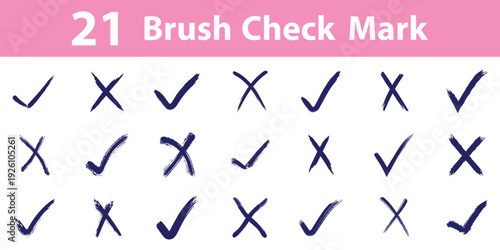 21 set of crayon grunge check mark elements. Brush, marker drawn check mark and cross icon set Collection of hand drawn doodle tick symbol, chalk checkmark illustration.