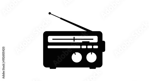 Simple black and white illustration of a vintage portable radio with antenna.
