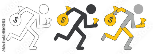 Robbery Icon, Vector Illustration of Thief with Money Bag, Burglary and Crime Warning Symbol