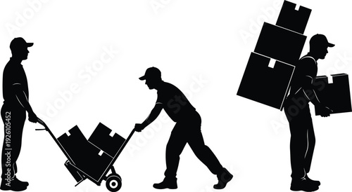 Silhouette of workers handling boxes with hand truck and heavy load, black vector artwork symbolizing manual labor, ergonomics, safety, and industrial transportation roles