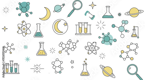 Biology science education illustration with various icons and symbols