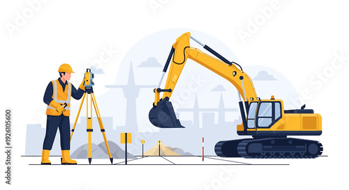 Construction worker operates surveying equipment near excavator.