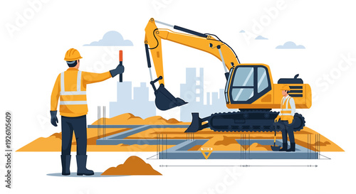 Construction worker operating excavator at building site with city skyline.