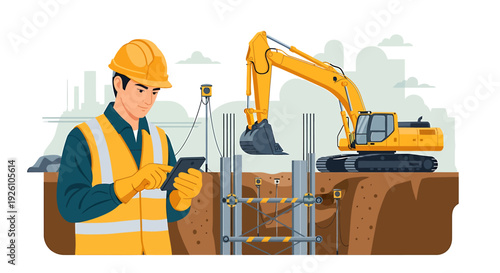 Construction worker using tablet at excavation site with excavator.