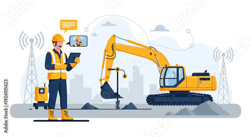 Construction worker using tablet near excavator on site.