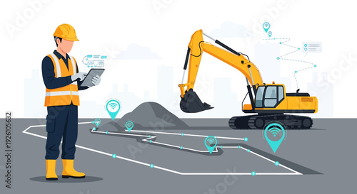 Construction worker using tablet near excavator on site.