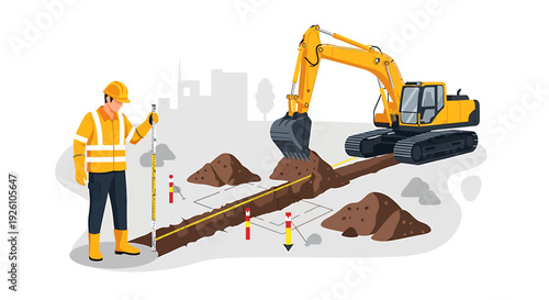 Construction worker with excavator digging trench on site.