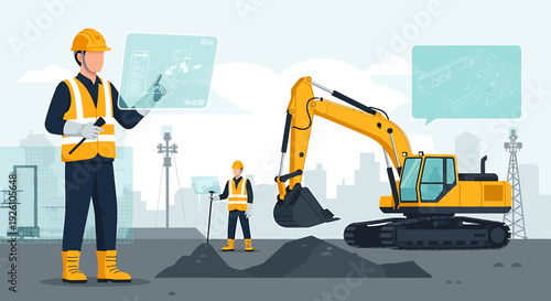 Construction worker with excavator and blueprints on site.