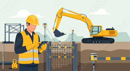 Construction worker with tablet and excavator at site.