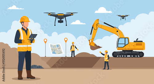 Construction worker with tablet overseeing drone and excavator operations.